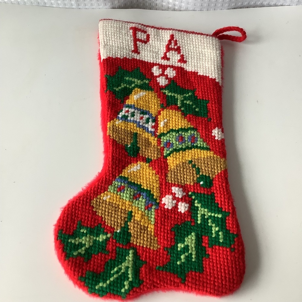 Needlepoint PA Christmas Stocking w/ Yellow Bells & Holly